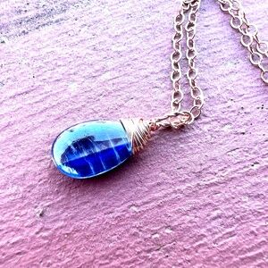 Small Natural Blue Kyanite Pendant Handmade Solid 14K Rose Gold- No Chain